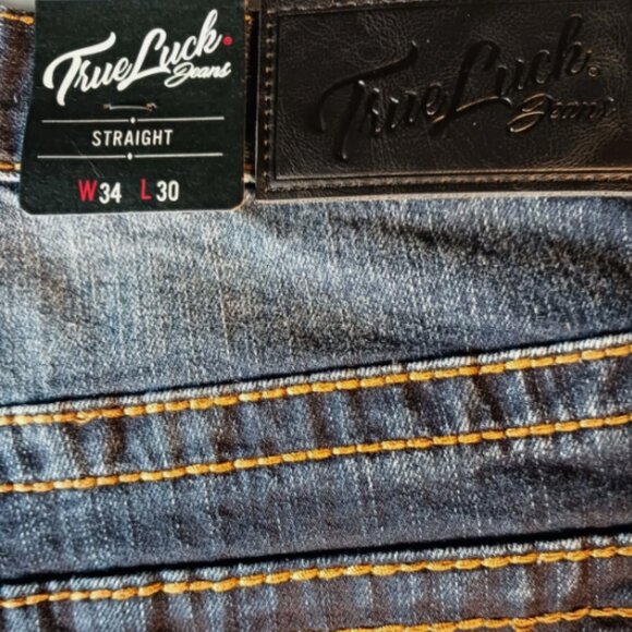 True Luck Jeans men's Stretch Straight 3 Flap Pockets blue 34x30 Embroidered - Picture 8 of 14